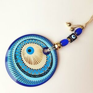 Hand painted glass gold and Blue Evil Eye Wall Hanging NEW